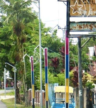 A village street with crescents on lamp posts
