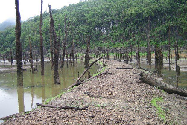 An exposed embankment running into the reservoir