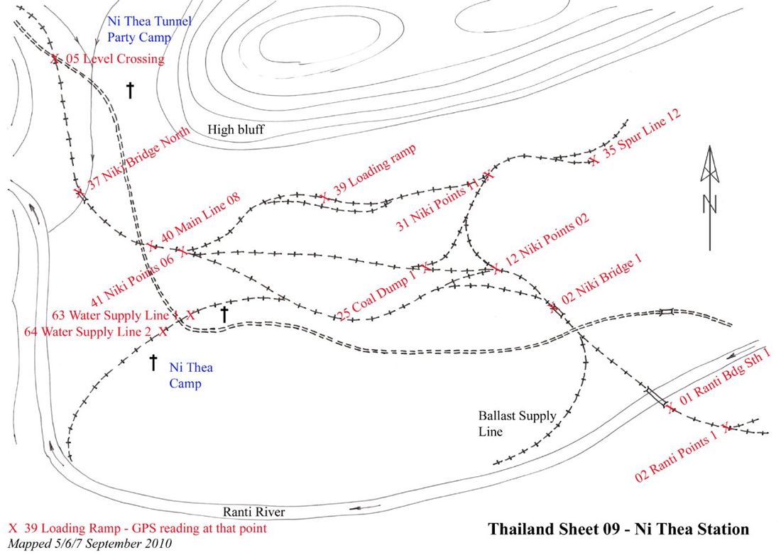 Hand-drawn survey map of the Ni Thea station complex showing main line, spur lines, loading ramps, water supply lines and the Ranti River, from GPS readings taken in September 2010