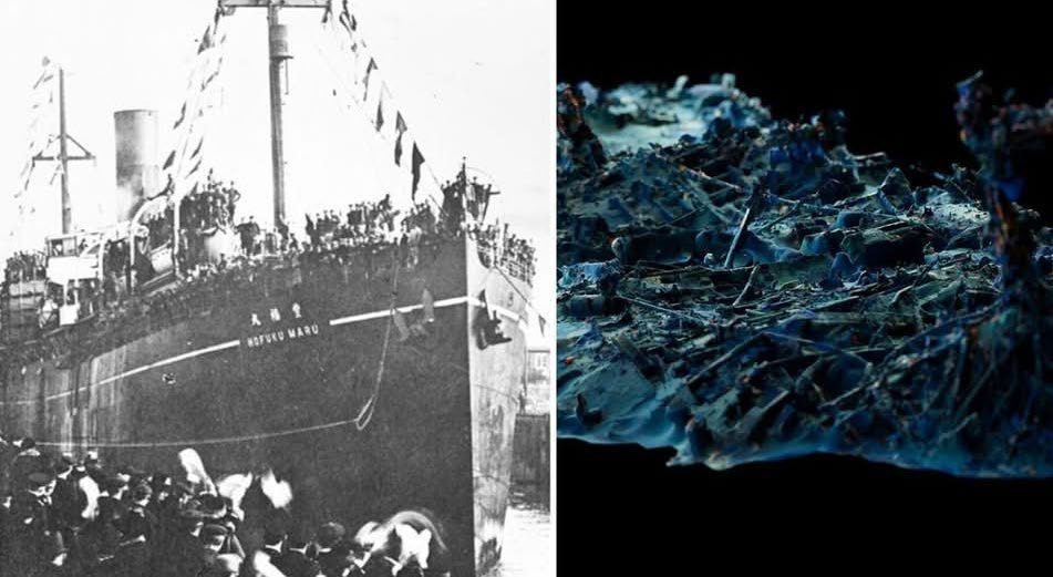 Left: a crowded troop transport ship in harbour before the war. Right: a sonar-style image of wreckage on the seabed